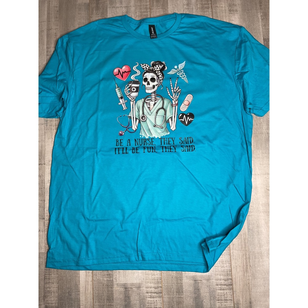 Gildan Softstyle Skeleton Nurse Graphic T-Shirt Sapphire Blue XL Funny Medical